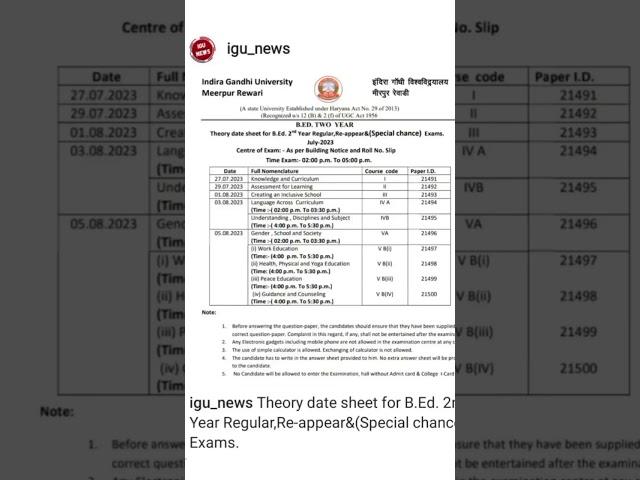 Igu b.ed 2nd year 2023 datesheet....