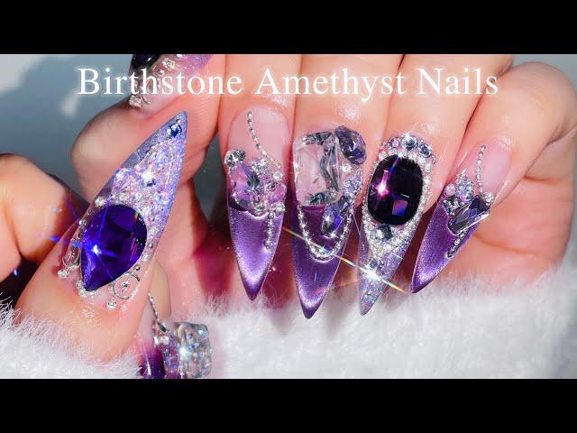  Amethyst Birthstone Nails  Extension & Gemstone Art Tutorial ‍️ | Nail Art | ASMR