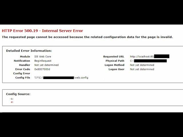 HTTP Error 500.19 - The requested page cannot be accessed because the related configuration data for