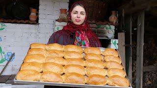 Woman lives in village. Baking pies with 5 tasty fillings. Cooking pastries