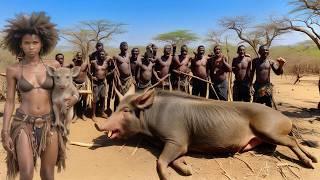 Incredible BUSH PIG Catch by the Hadzabe Tribe - Thriving in the WILD