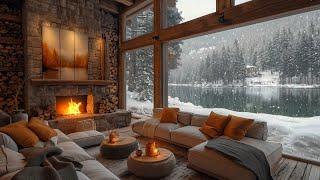 Soothing Jazz Music in A Cozy Living Room Space ️ Snowy Scene and Fireplace Sound for Relaxation