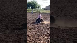 Paisley tries barrel racing with a 4 wheeler… but ChicaLinda was faster!  Horse wins!