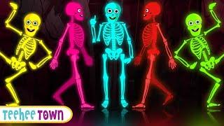 Five Skeletons Dancing Song + Spooky Scary Skeleton Songs | Teehee Town