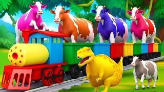 5 Color Cows Paint & Transform: T Rex Train Transport | Epic Farm Animal Rescue Mission