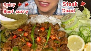 Challenge to eat spicy beef diced steak  with rice/ spicy beef curry & salad with rice mukbang