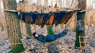 Making bushcraft hammock & Bark canopy | Easy woodwork | Day camp in the forest