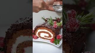 Buche de Noel 🪵 Chocolate Yule Log Roll Cake! With Raspberry Compote and Almond Cream #shorts