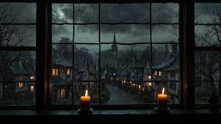 Spooky European Village Halloween Ambience | Relaxing Moody Music with Rain and Thunder