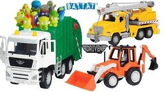 NEW DRIVEN BY BATTAT, BACKHOE LOADER, RECYCLING TRUCK, CRANE TRUCK, TOW TRUCK, MIGHTY MACHINES TOYS