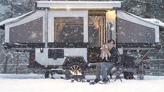 Winter Snow Camping in $9,900 FULL-AUTOMATIC Pop-up Trailer with Puppy