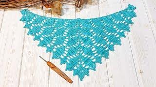 Вяжем простую красивую шаль-бактус крючком узором листья. How to crochet a beautiful shawl