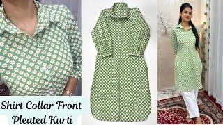 Shirt Collar Front Pleated Kurti Cutting And Stitching/Shirt Collar Cutting Stitching/Collar Kurti