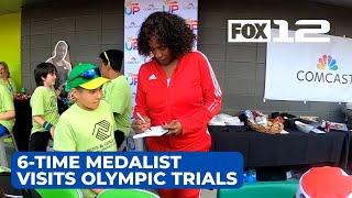 6-time medalist Jackie Joyner-Kersee visits Olympic trials in Eugene