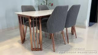 Indiskie Art Deco Four Seater Dining Table Set Stainless Steel Marble Top Rose Gold Furniture PVD