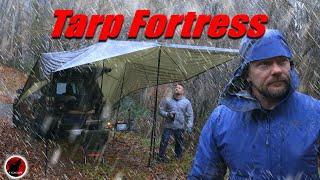 Storm Assault - Sleet, Freezing Rain, & Heavy Rain with a Tarp Fortress Camping Adventure