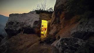 Cozy and Comfort Stone Shelter Between two Rocks in The Rain | Bushcraft Survival Camping