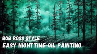 Simple Nighttime Forest Oil Painting - Misty Forest Painting