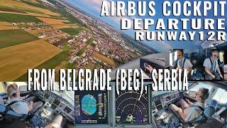 BELGRADE  (BEG) LONG WAITING,  TAXIING, TAKEOFF,  DEPARTURE  RUNWAY 12R AIRBUS 319 / REAL COCKPIT!