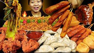 Nepali Street Food Mukbang | Eating Extremely Spicy Keema Noodles, Sausages, Chicken Lollypop & MOMO