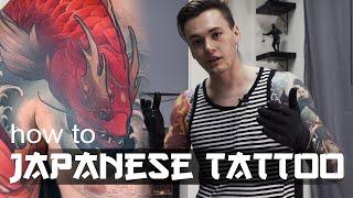 How to do Japanese tattoo. Koi, waves, flowers.