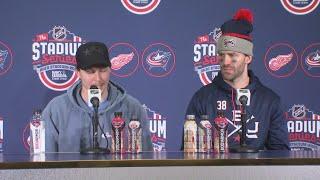 Boone Jenner and Elvis Merzlikins react to CBJ's 5-3 win over Detroit