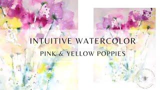 Intuitive watercolor of pink and yellow poppies.