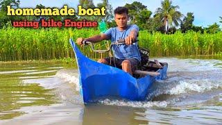 How to make Boat Using Plastic Barrels  and bike  Engine  ||Homemade Fiber Boat  #sujanexperiment