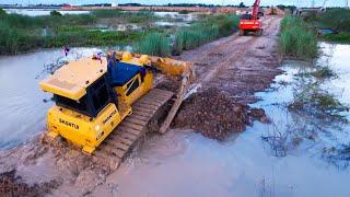 Best Machinery Repairing Road On Water With 25T Dump Trucks And Bulldozer