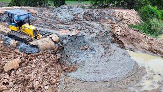 Incredible Project Small Bulldozer Pushing Mud Drop Into The Lake With 5T Dump Trucks Transfer Mud