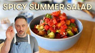 Spicy, Refreshing, Sweet & Salty Summer Salad with Watermelon, Tomato, Cucumber and Chili Crisp