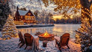 Cozy Winter Christmas Lakeside Cottage with Calm Snowfall, Crackling Fire Pit and Nature Sounds