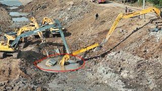 Amazing Recovery Long Arm Excavator Stuck In Deep Mud, 5 Excavator Help