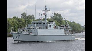 Ukrainian and Estonian Navy minesweepers sailing down the river Clyde for exercise Alba Breeze 4K