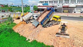 NEW UPDATE! Wonderful Great action Dump truck unloading soil and Dozer Pushing soil clear land EP02