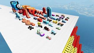 Big & Small McQueen, King Dinoco vs Pixar Car, Tow Mater vs LEGO STAIR 100 In Height - BeamNG.Drive