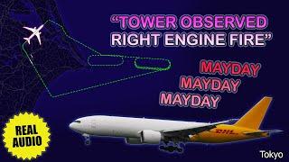 MAYDAY. “Tower observes engine fire”. Polar Boeing 777 returns to Tokyo Narita Airport. Real ATC