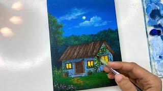 Easy Acrylic painting tutorial/ little house in the forest painting/ night sky