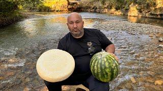 Rustic Bread with Cheese and Watermelon by the River.An Incredibly Delicious Recipe.