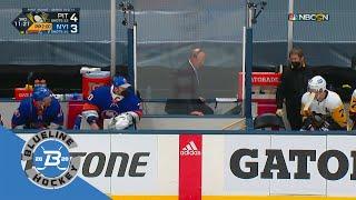 Leo Komarov and Evgeni Malkin chirping in Russian across the bench.