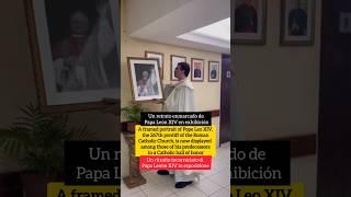 A framed portrait of Pope Leo XIV, the 267th pope, displayed among past pontiffs in a Catholic hall