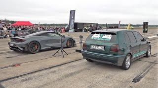 1100HP McLaren 765LT PP-Performance vs 950HP Volkswagen Golf 3 R32 Turbo 4Motion