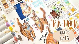 Easy Cat Sketching with Ohuhu Alcohol Markers | Dynamic Poses Tutorial | Cats Painting 