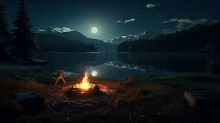 Cozy Campfire Ambient at Night forest beside the Lake with Nature Sounds, Cricket and Crackling Fire