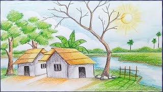How to draw a village scenery Step by step / Landscape Drawing