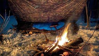 Solo WINTER BUSHCRAFT Camping during a SNOW-FALL Overnight under a Tarp SHELTER!