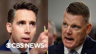 Watch: Tense Sen. Hawley, Rowe exchange over Secret Service Trump rally security decisions