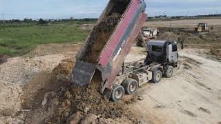 Awesome Skills Operator Dump Truck Unloading Dirt Bulldozer Pushing Dirt on land Filling process