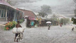 Walk in Heavy Rain and Thunderstorms in Indonesian Village Life | ASMR, Nature Sounds For Sleep