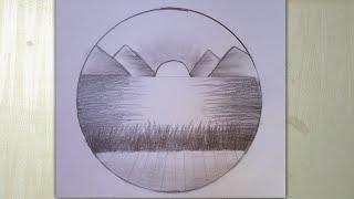 Easy Circle Drawing of Mountains and Lake | Step-by-Step Pencil Sketch Tutorial